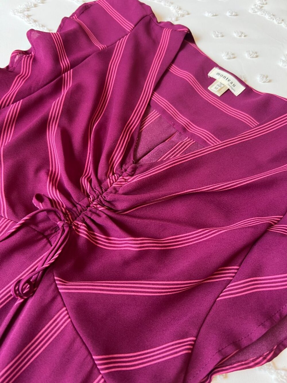 Monteau Los Angeles Pink Striped Flutter Sleeve A Line V-neck Midi Dress SIZE M